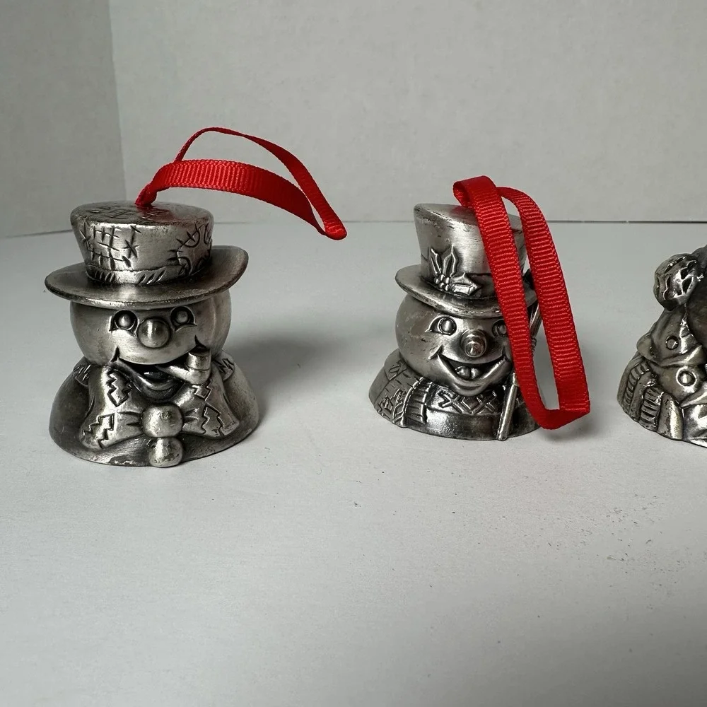 Vintage 1995 Home For The Holidays Snowman‎ Bell Ornaments Set of 3 Silver